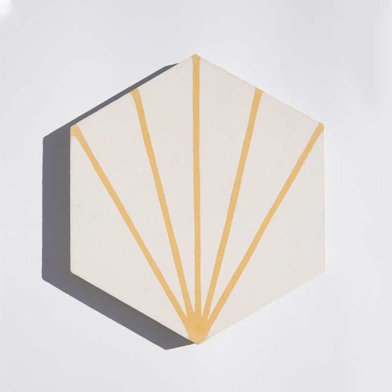Yellow sunray burst hexagonal cement tile designed by Glazentile