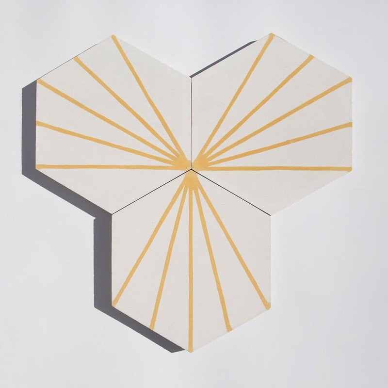 Yellow sunray burst hexagonal cement tile designed by Glazentile