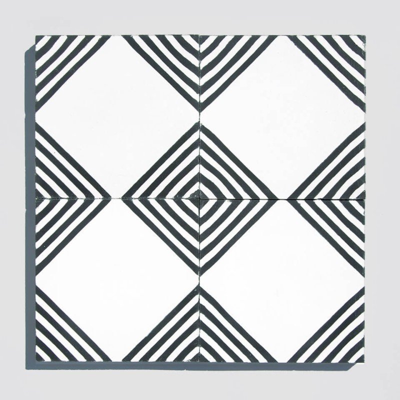 Black and white concentric square cement tile designed by Glazentile