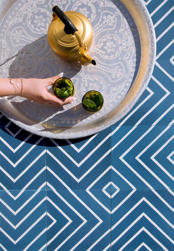 Blue cement tiles with stripes and mint tea