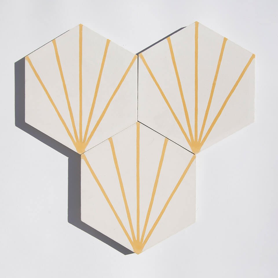 Yellow sunray burst hexagonal cement tile designed by Glazentile
