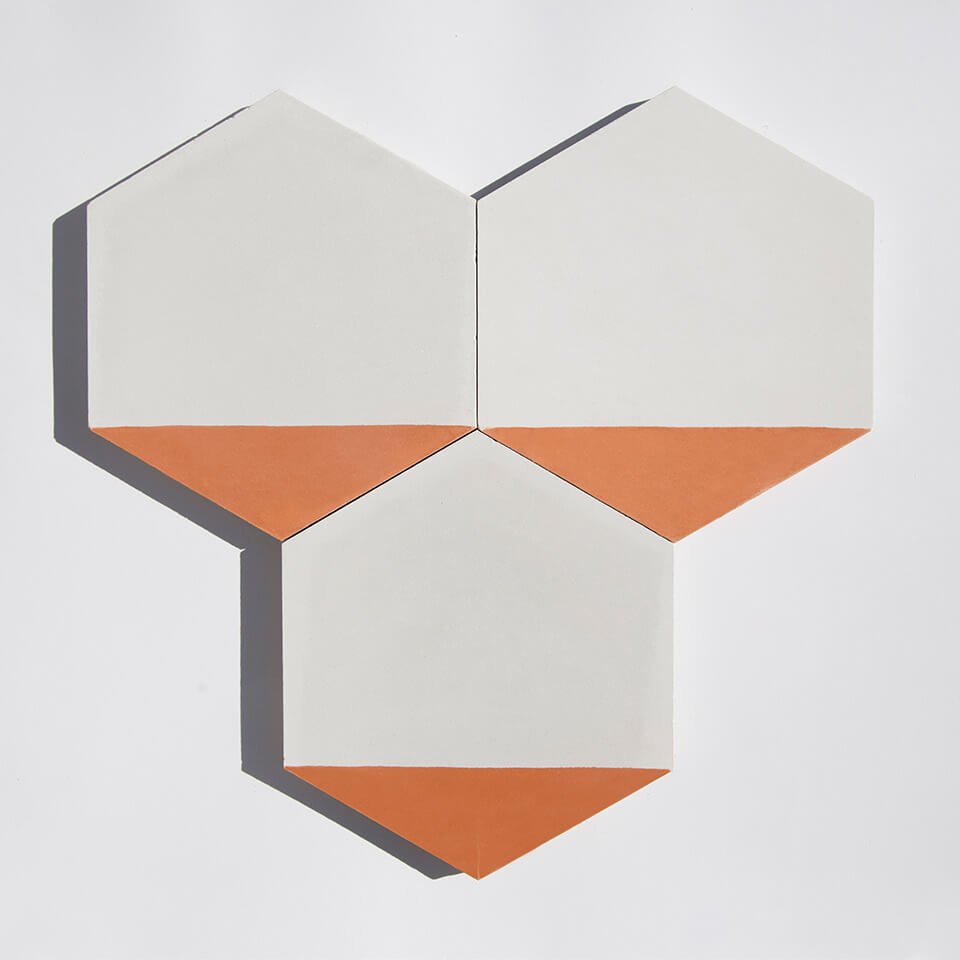 White and orange hexagonal cement tile designed by Glazentile
