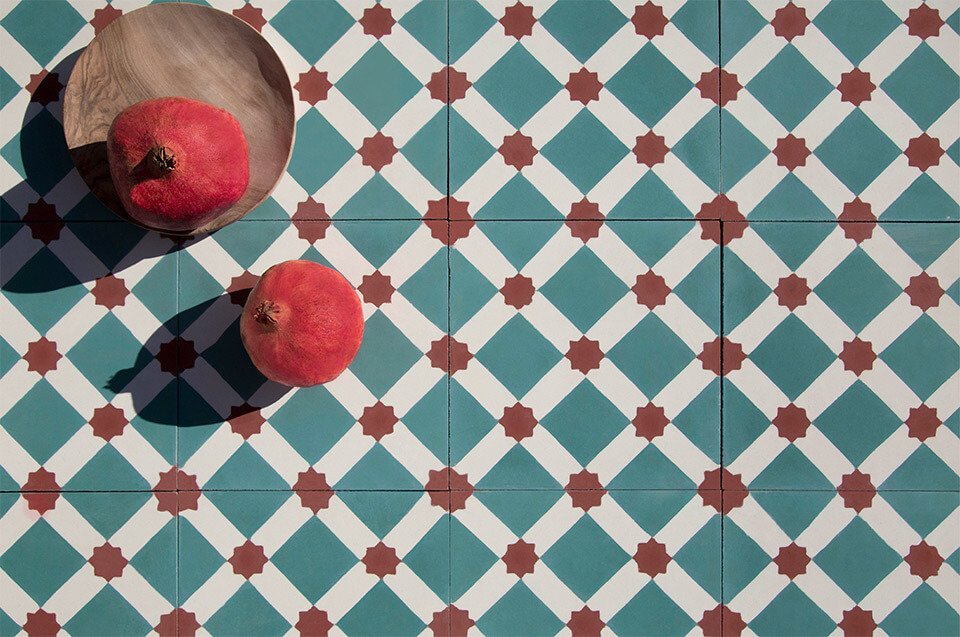 Pomegranates on classic pattern teal cement tiles designed by Glazentile