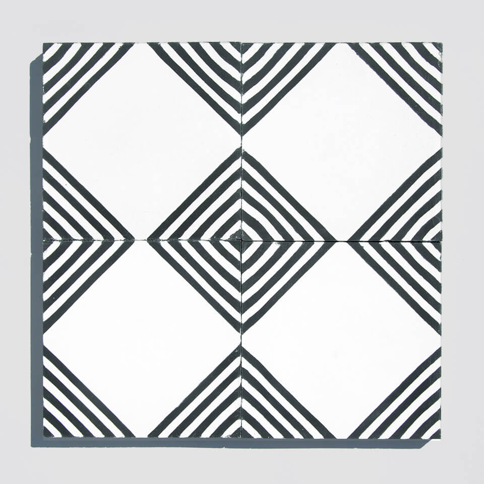 Black and white concentric square cement tile designed by Glazentile